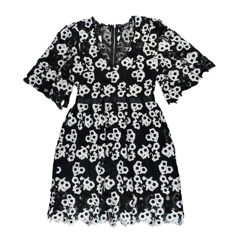 Just Me S Crochet Lace Stark Floral Overlay Fit Flare Zip Black White Dress